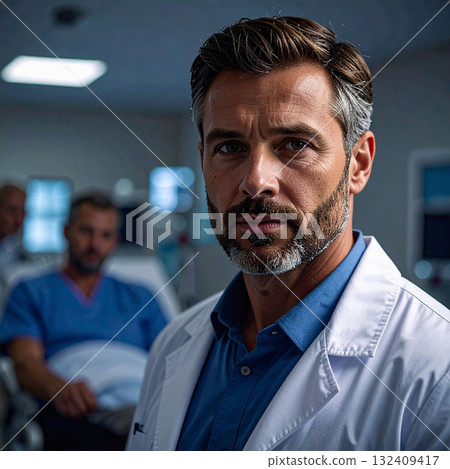 Portrait of a male doctor in a hospital room looking at the camera with a serious expression Portrait of a male doctor in a hospital room looking at the camera with a serious expression 132409417