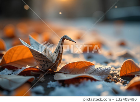 background of autumn leaves with a paper bird sitting 132409490