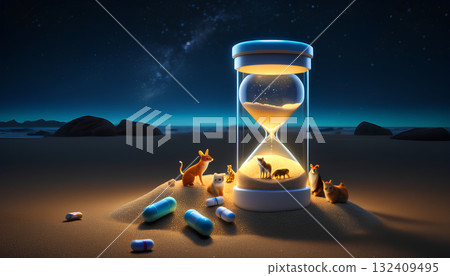 composite image miniature animals sitting inside and outside of a huge hourglass in the sand 132409495