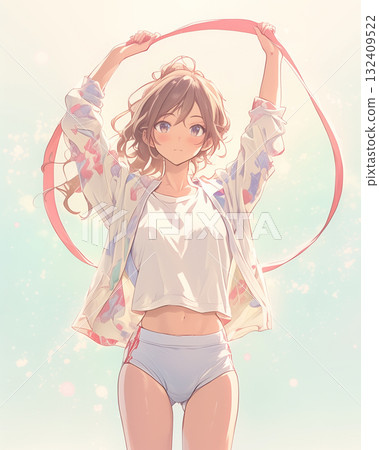 身穿運動服、手持緞帶的女孩——清爽晨光下的動漫插畫 132409522