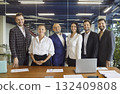 Happy business people line up by table in modern boardroom, team standing by desk 132409808