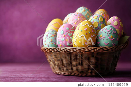Colorful Easter eggs in basket pink purple violet background, Holidays, copy space, greeting cards Colorful Easter eggs in basket pink purple violet background, Holidays, copy space, greeting cards 132409939