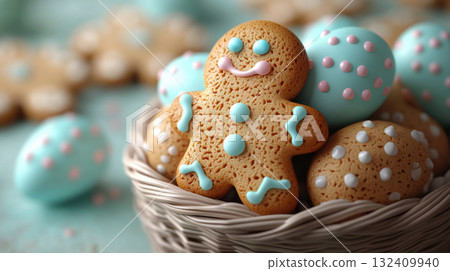 Concept ginger cookies Easter, eggs basket blue background, copy space text. Holidays greeting cards Concept ginger cookies Easter, eggs basket blue background, copy space text. Holidays greeting cards 132409940