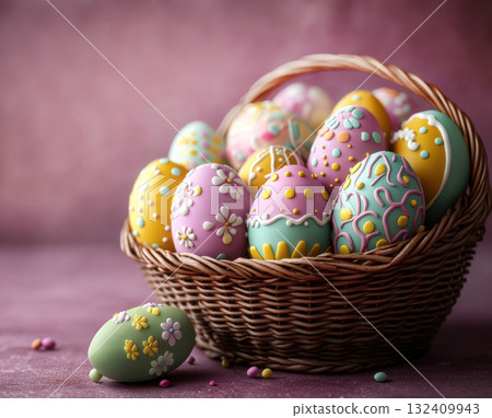Colorful Easter eggs in basket pink purple violet background, Holidays, copy space, greeting cards 132409943