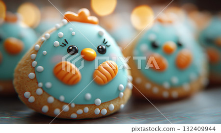 Easter colored cookies shape chickens bunnies covered icing, copy space. Holidays greeting cards 132409944