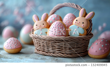 Concept ginger cookies Easter, eggs basket pink background, copy space text. Holidays greeting cards 132409945