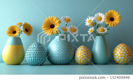Easter eggs yellow, blue background. Mockup, frame, copy space. Holidays concept, 3d, flat lay 132409946
