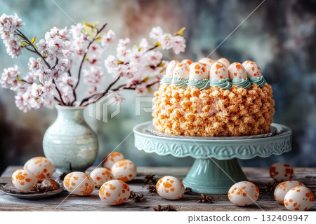 Easter cake table, eggs spring flowers vases, Easter poster, banner, Easter painted eggs, copy space 132409947