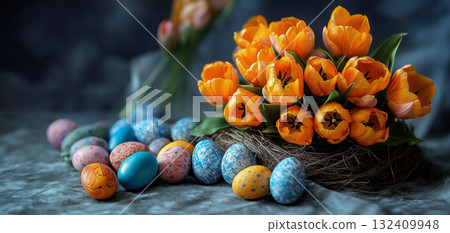 Happy Easter, 3D Easter poster, basket tulip flowers, flyer banner, Easter painted eggs, copy space 132409948