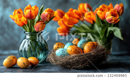 Text Happy Easter, 3D basket tulip flowers, design Easter poster, flyer banner, place for text. Pastel yellow color background Easter painted eggs, copy space 132409965