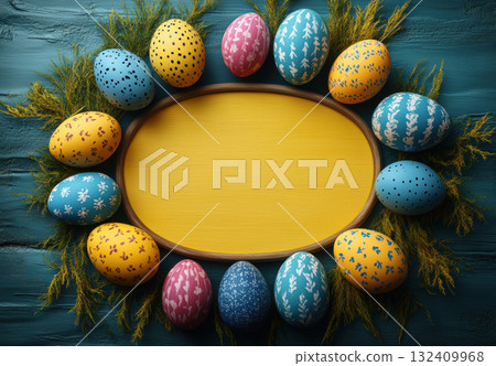 Colorful pastel Easter eggs yellow background. Mockup, frame, copy space, top view, monochrome pastel, flat lay, celebration banner. Holidays concept, 3d rendering 132409968
