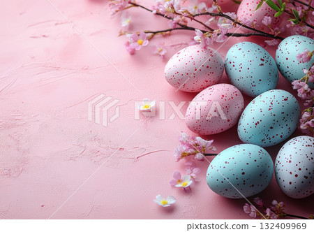 Colorful pastel Easter eggs pink background. Mockup, frame, copy space, top view, monochrome pastel, flat lay, celebration banner. Holidays concept, 3d rendering 132409969