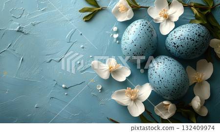 Easter blue eggs chamomile blossom flowers background. Mockup, copy space. Holidays concept 132409974