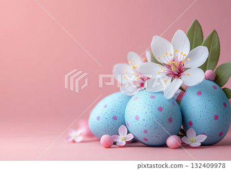 Easter blue eggs cherry blossom branch flowers background. Mockup, copy space. Holidays concept 132409978