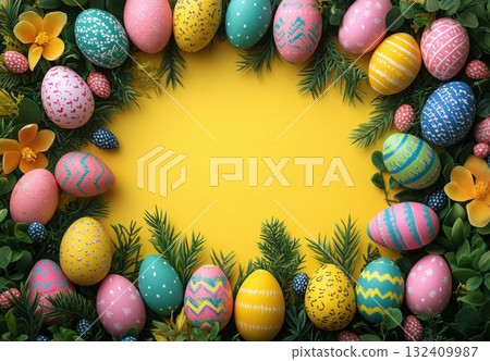Colorful pastel Easter eggs yellow background. Mockup, frame, copy space, top view, monochrome pastel, flat lay, celebration banner. Holidays concept, 3d rendering 132409987