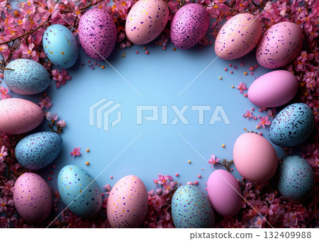 Colorful pastel Easter eggs blue background. Mockup, frame, copy space, top view, monochrome pastel, flat lay, celebration banner. Holidays concept, 3d rendering 132409988