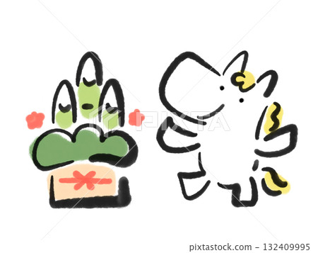 Smiling Hakuba celebrating the New Year with Kadomatsu New Year's material Sumi-e 132409995
