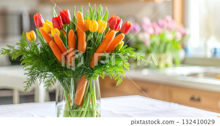 Easter concept. Glass vase bouquet pink yellow tulips, cradling pastel Easter eggs, set against modern grey backdrop. paste blank.  132410029