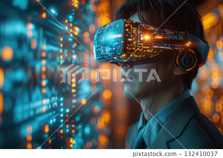 Concept art piece showing man VR glasses futuristic office setting. Digital illustration businessman smart suit, deeply immersed virtual reality environment Concept art piece showing man VR glasses futuristic office setting. Digital illustration businessman smart suit, deeply immersed virtual reality environment 132410037