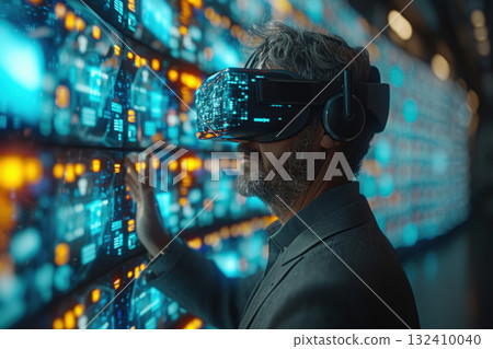 Bearded man wearing glowing VR headset cyberpunk night city environment filled light particles illustration and digital effects. 132410040