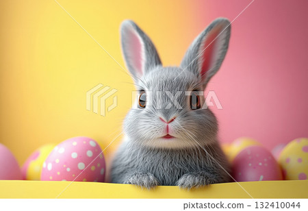 Rabbit surrounded Easter painted eggs. Holidays, spring Easter concept, copy space, greeting cards Rabbit surrounded Easter painted eggs. Holidays, spring Easter concept, copy space, greeting cards 132410044