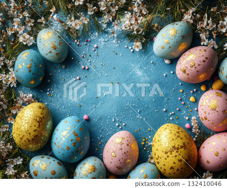 Colorful pastel Easter eggs on blue background copy space. Holidays, Easter concept ears rabbit Colorful pastel Easter eggs on blue background copy space. Holidays, Easter concept ears rabbit 132410046