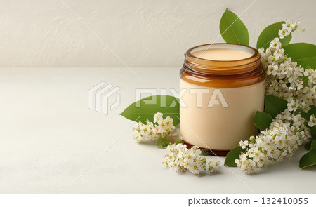 Natural rustic honey jar with hexagonal texture glows linden blossom, wooden spoon lying on table with spoonful acacia flowers , emphasizing theme homemade and organic skin care Natural rustic honey jar with hexagonal texture glows linden blossom, wooden spoon lying on table with spoonful acacia flowers , emphasizing theme homemade and organic skin care 132410055