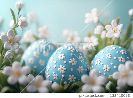 Easter blue eggs chamomile blossom flowers nature background. Mockup, copy space. Holidays concept Easter blue eggs chamomile blossom flowers nature background. Mockup, copy space. Holidays concept 132410058