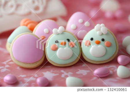 Concept colorful Easter ginger cookies, eggs in basket blue background, copy space for text. Holidays, design greeting cards. 3d rendering Concept colorful Easter ginger cookies, eggs in basket blue background, copy space for text. Holidays, design greeting cards. 3d rendering 132410061