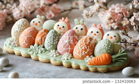 Easter colored cookies shape chickens bunnies covered icing, copy space. Holidays greeting cards 132410063