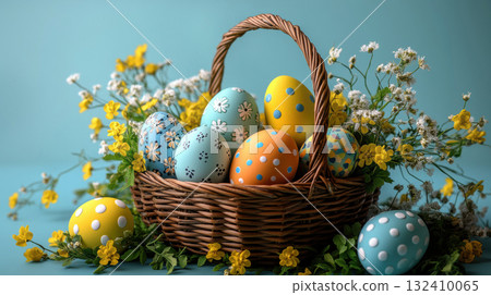 Colorful Easter eggs in basket blue background, Holidays, copy space, greeting cards Colorful Easter eggs in basket blue background, Holidays, copy space, greeting cards 132410065