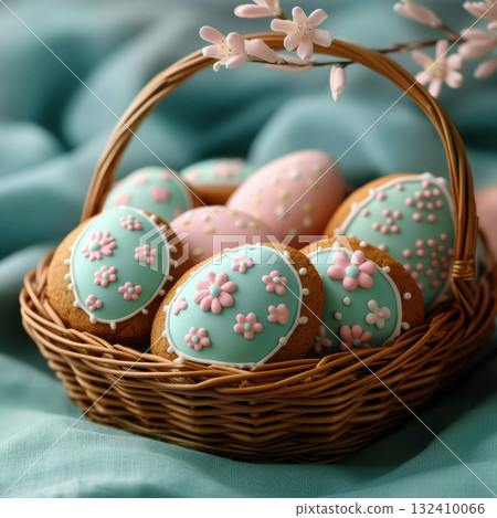 Concept ginger cookies Easter, eggs basket blue background, copy space text. Holidays greeting cards 132410066