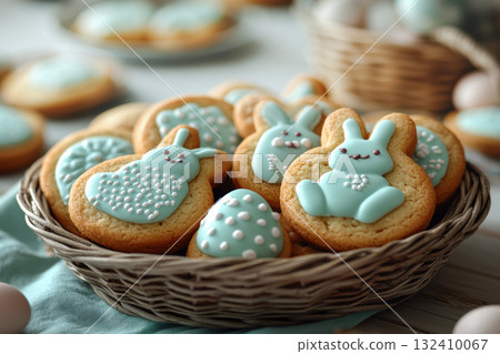 Concept ginger cookies Easter, eggs basket blue background, copy space text. Holidays greeting cards 132410067