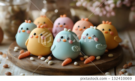 Easter colored cookies shape chickens bunnies covered icing, copy space. Holidays greeting cards 132410069