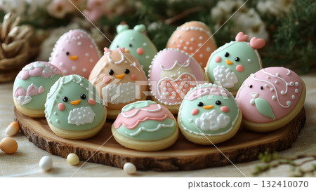 Easter colored cookies shape chickens bunnies covered icing, copy space. Holidays greeting cards Easter colored cookies shape chickens bunnies covered icing, copy space. Holidays greeting cards 132410070