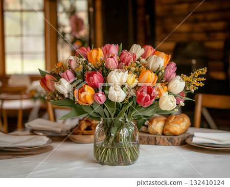Vibrant tulip bouquet in glass vase on dining table with warm sunlight Vibrant tulip bouquet in glass vase on dining table with warm sunlight 132410124