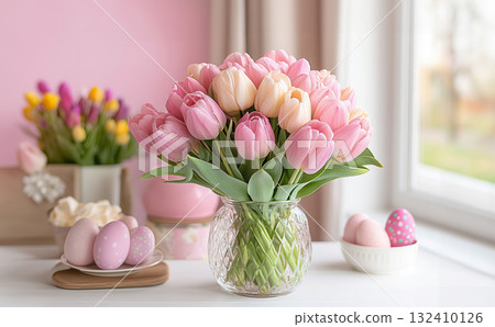 Colorful tulips in glass vase Easter eggs on pink background minimal style, frame, place for text 132410126