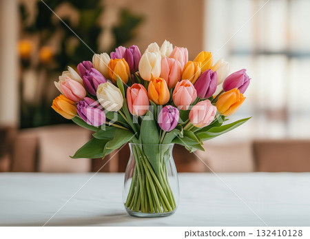 Vibrant tulip bouquet in glass vase on dining table with warm sunlight 132410128