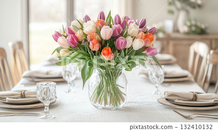 Vibrant tulip bouquet in glass vase on dining table with warm sunlight Vibrant tulip bouquet in glass vase on dining table with warm sunlight 132410132
