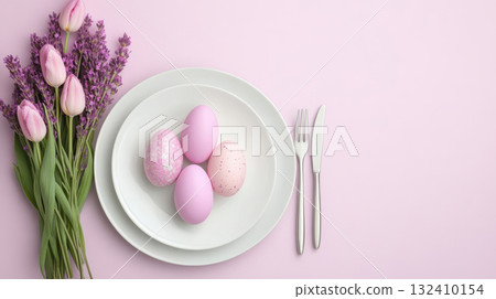 Light Minimal pink purple speckled Easter eggs with ceramic tableware and cherry blossoms on white linen table for top view, flat lay fresh spring decor concept. Light Minimal pink purple speckled Easter eggs with ceramic tableware and cherry blossoms on white linen table for top view, flat lay fresh spring decor concept. 132410154