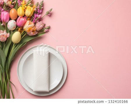 Happy Easter, banner Easter minimalism decorated table, pink table is plate with multicolored eggs, bouquet of various spring tulips, lily of valley flowers. Happy Easter, banner Easter minimalism decorated table, pink table is plate with multicolored eggs, bouquet of various spring tulips, lily of valley flowers. 132410166