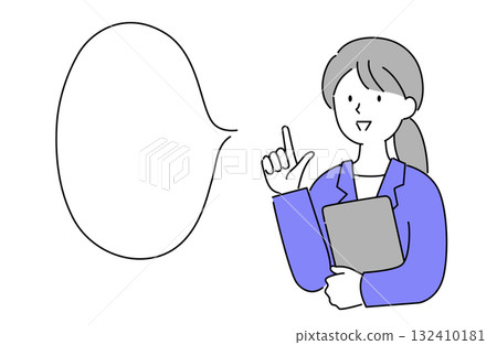 一個簡單的線條畫向量插圖，描繪了一個穿著西裝的女人帶著燦爛的笑容解釋某件事 132410181