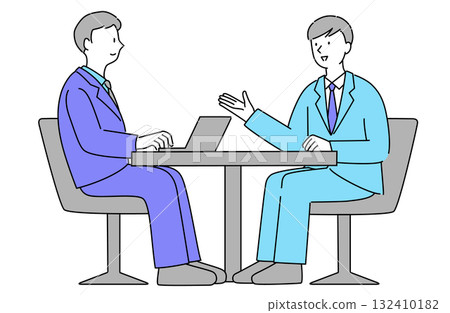 一個簡單的線條畫向量插圖，顯示兩名身著西裝的男性商人在辦公室開會 132410182