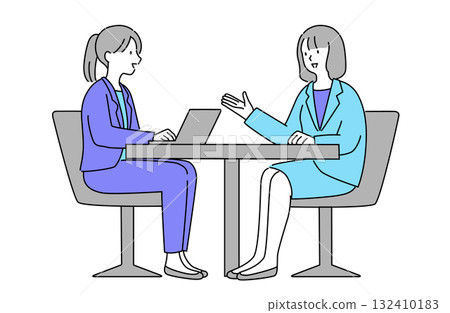 兩位身著西裝的女商界人士在辦公室開會的簡單線條向量插圖 132410183