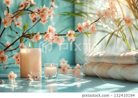 Spa composition with blooming cherry blossoms, candle and soft towels on a textured green background 132410194