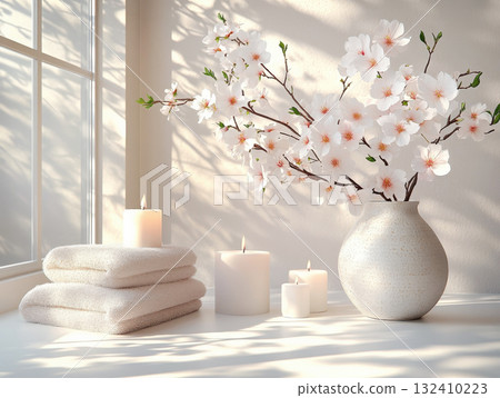 Spa composition with blooming cherry blossoms, candle and soft towels on a textured green background 132410223