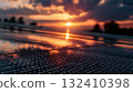 Solar panels generating renewable energy at sunset 132410398