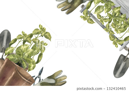 Gardening herbs,greens and tools watercolor banner template with flower pots,wooden tub,gloves,shovel and basil stems. Hand drawn frame with green spices plants,garden tools for eco poster,card 132410465