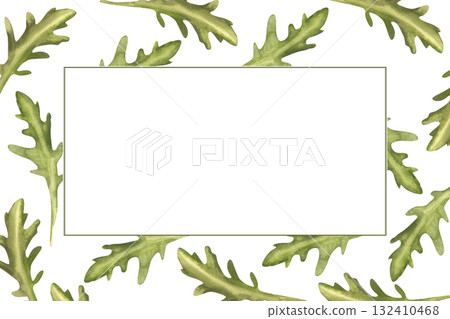 Organic greenery watercolor banner template with fresh arugula leaves illustration. Hand drawn frame with vegan food, microgreens clipart for vegan food packing ,poster, web design Organic greenery watercolor banner template with fresh arugula leaves illustration. Hand drawn frame with vegan food, microgreens clipart for vegan food packing ,poster, web design 132410468