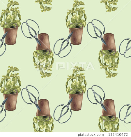 Basil fresh herbs in brown pot with metal scissors watercolor seamless pattern. Hand drawn organic greenery food background with aromatic spices and Italian cuisine condiment for textile design Basil fresh herbs in brown pot with metal scissors watercolor seamless pattern. Hand drawn organic greenery food background with aromatic spices and Italian cuisine condiment for textile design 132410472